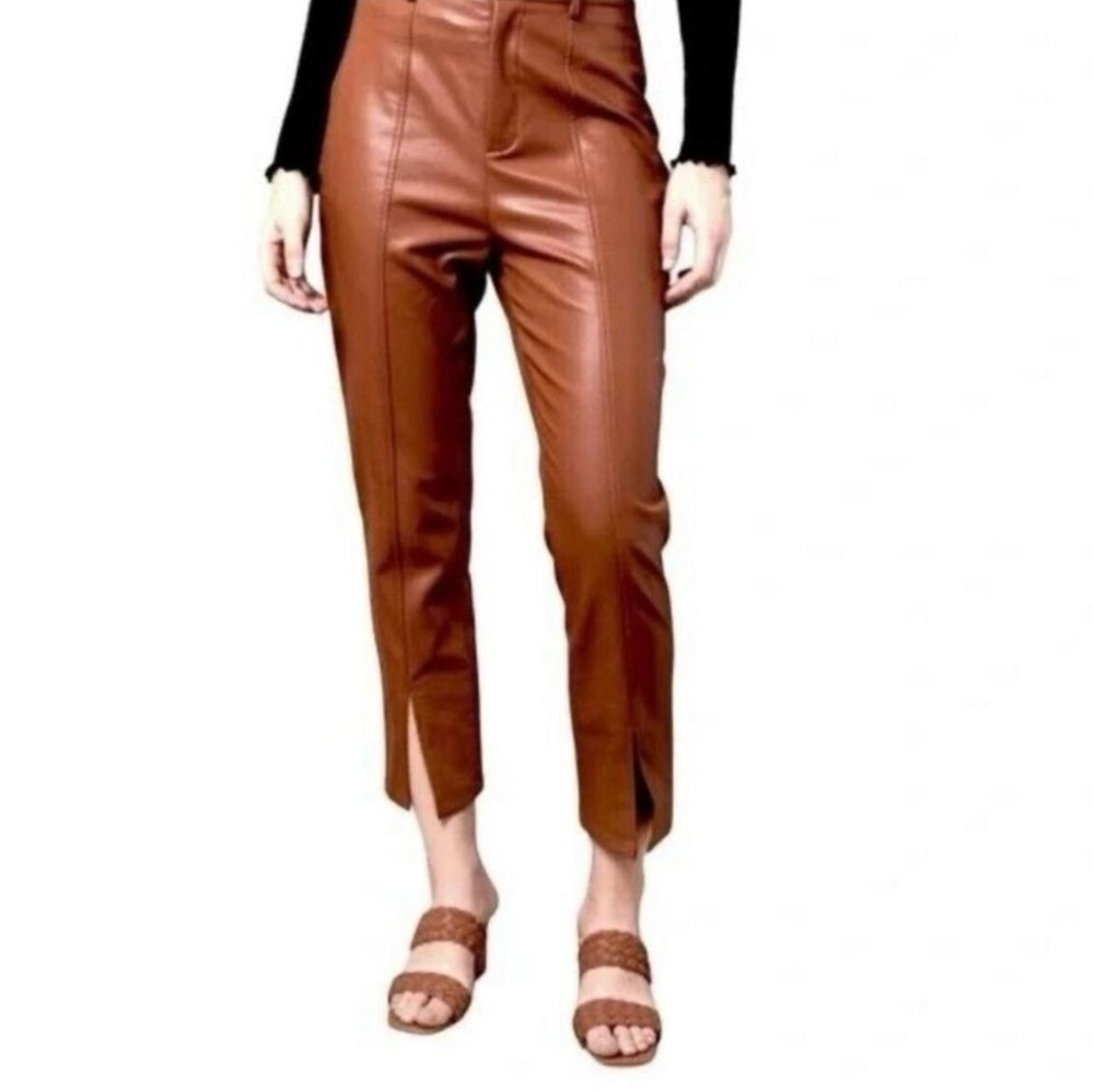 NEW Jason Wu High Rise Faux Leather Pant Slim Fit Slit Hem Caramel Medium - Picture 10 of 16